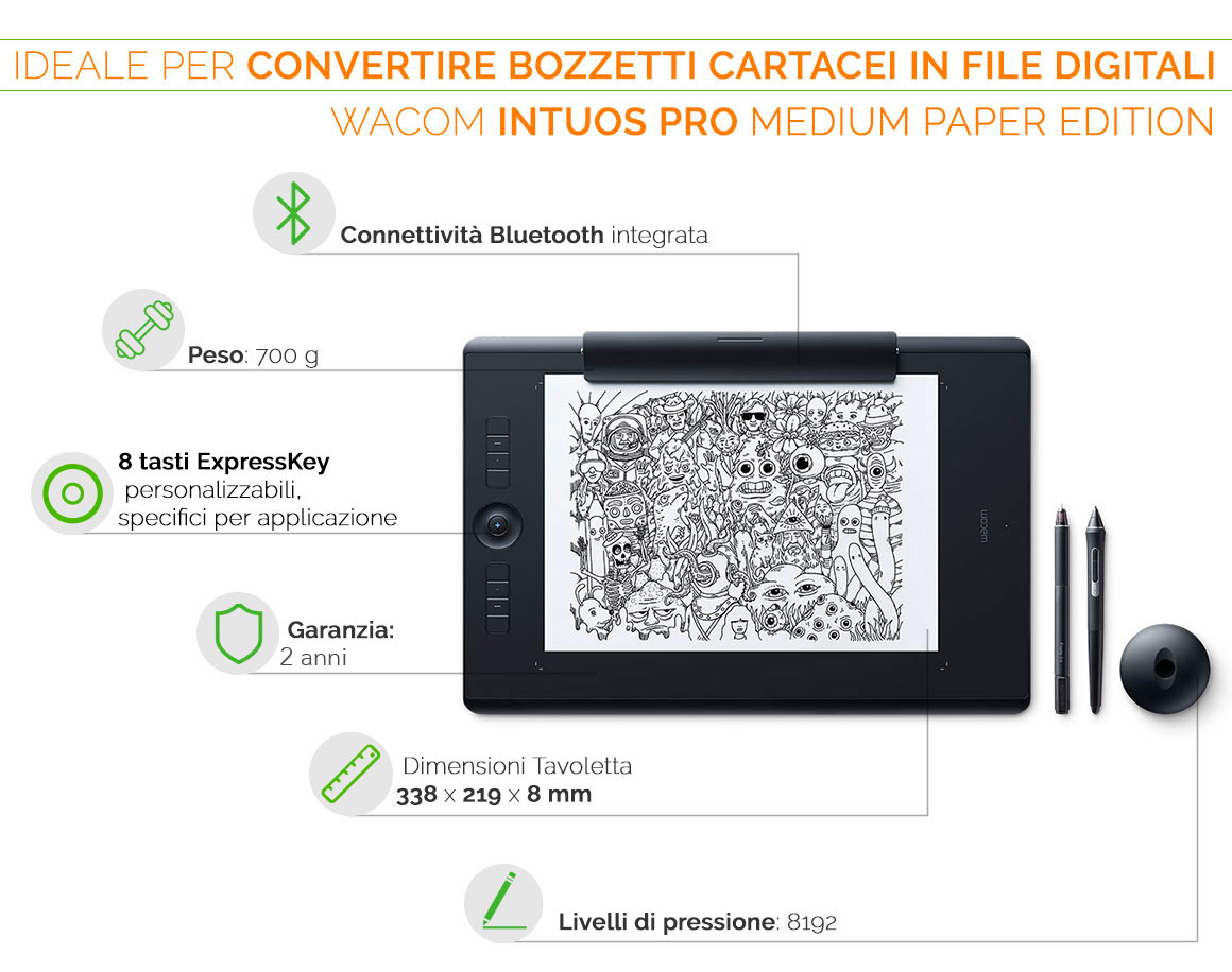 WACOM INTUOS PRO MEDIUM PAPER EDITION IDEALE PER CONVERTIRE I BOZZETTI CARTACEI IN FILE DIGITALI